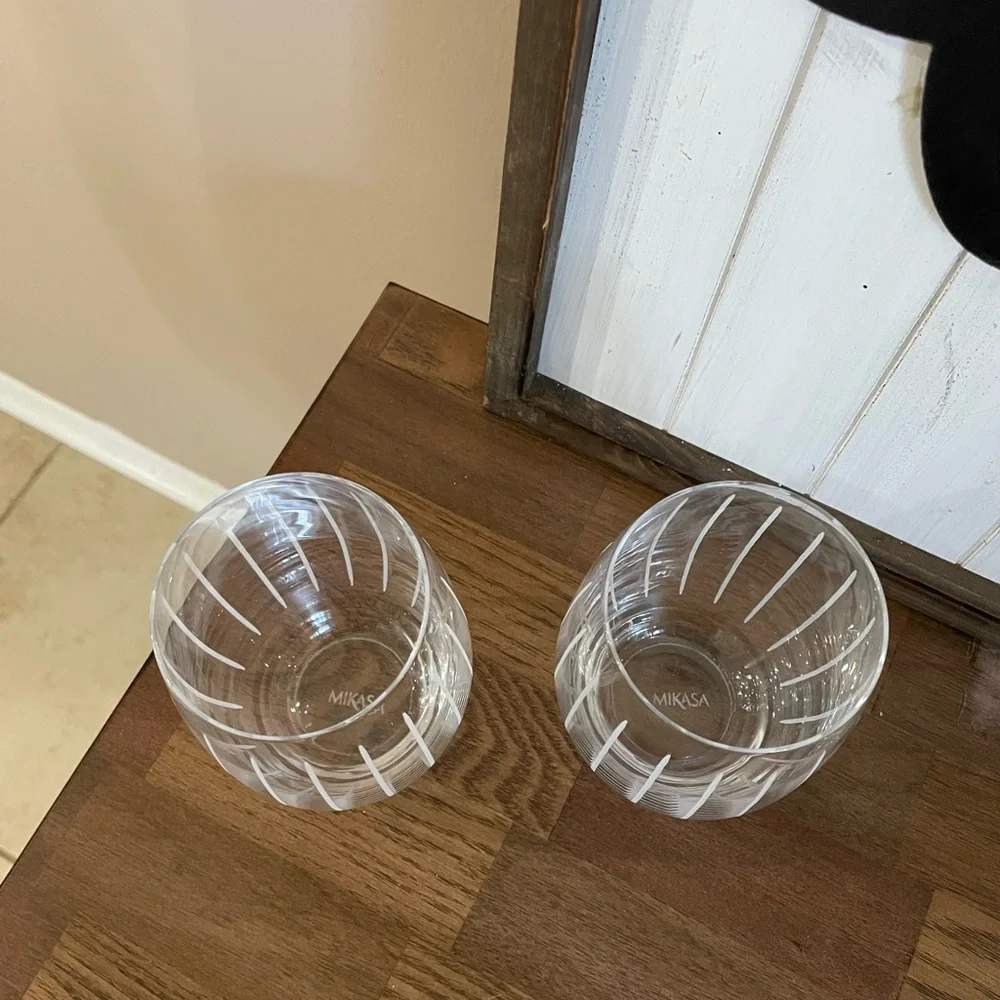 Mikasa Crystal Cheers Stemless Wine Glasses with Etched Stripes- Set of 2